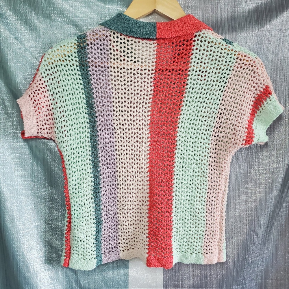 Multicolor Striped Crochet Knit Short Sleeve Polo Cardigan Top XS indie 90s crop - Picture 2 of 5